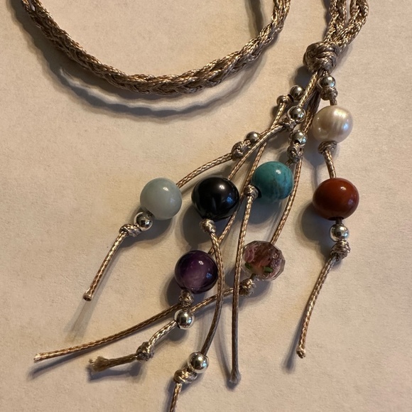 ARTISAN Gemstones and Pearls Braided Tan Cord Tassel Necklace 23 1/2” long - Picture 6 of 14